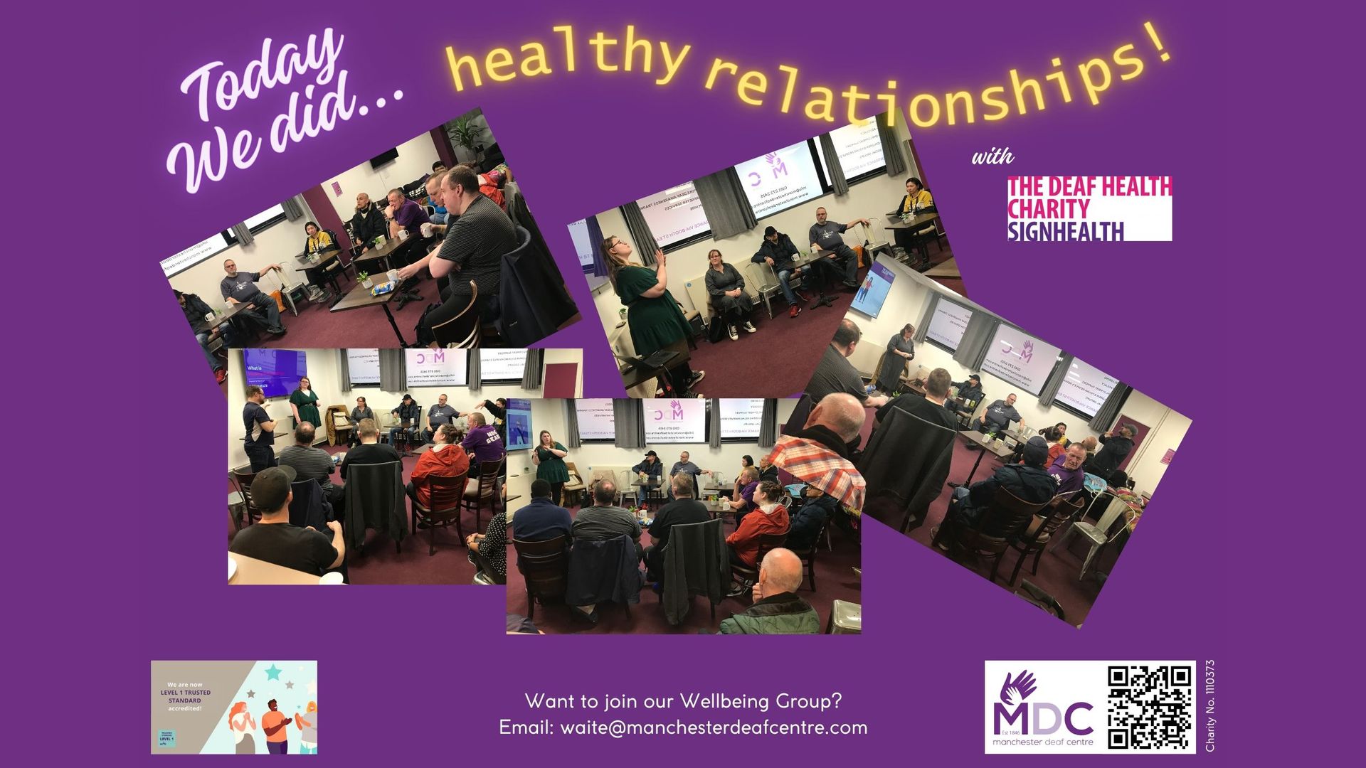 Promotion poster showing images from today's presentaion to our wellbeing group by SignHealth staff.
